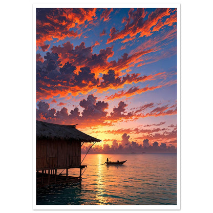 Plage de Maldives, Bungalows sur pilotis, Coucher de soleil corail – affiche d'art décoratif, poster mural | Muchimura