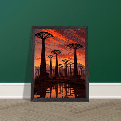 Affiche Baobabs au coucher du soleil encadrée, cadre bois (vue 3)