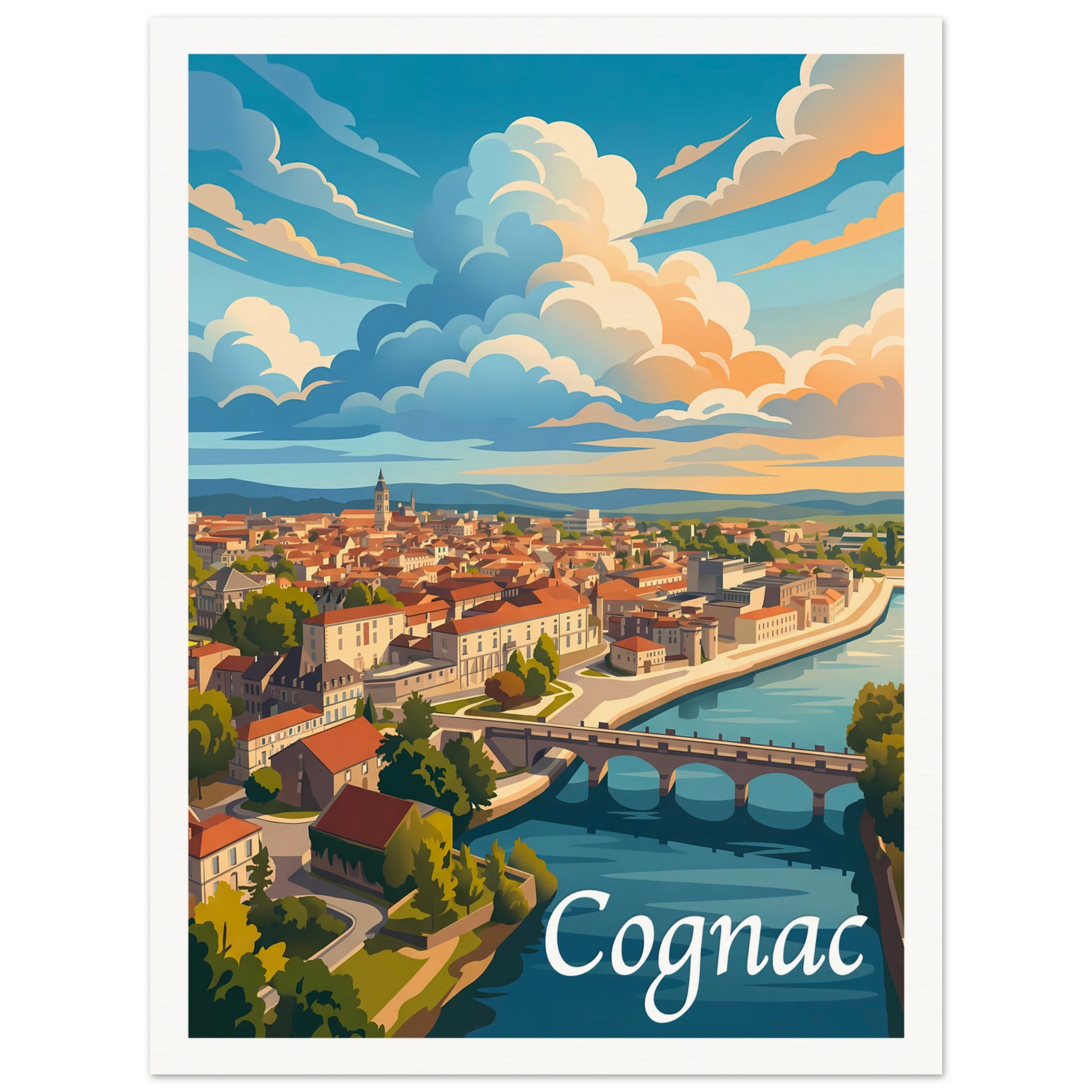 Affiche illustrée Cognac, poster rétro, impression beaux-arts 250g