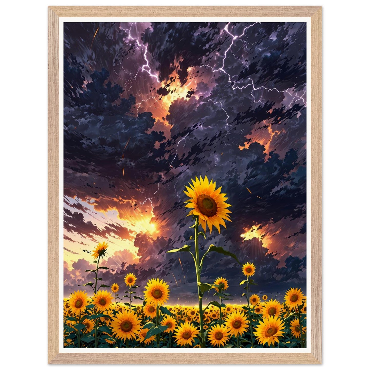 Affiche illustrée Champ de tournesols géants Encadrée — poster rétro, impression beaux-arts 250g