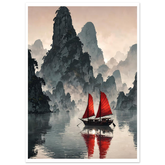 Baie de Ha Long, Jonques rouges, Brume matinale – affiche d'art décoratif, poster mural | Muchimura