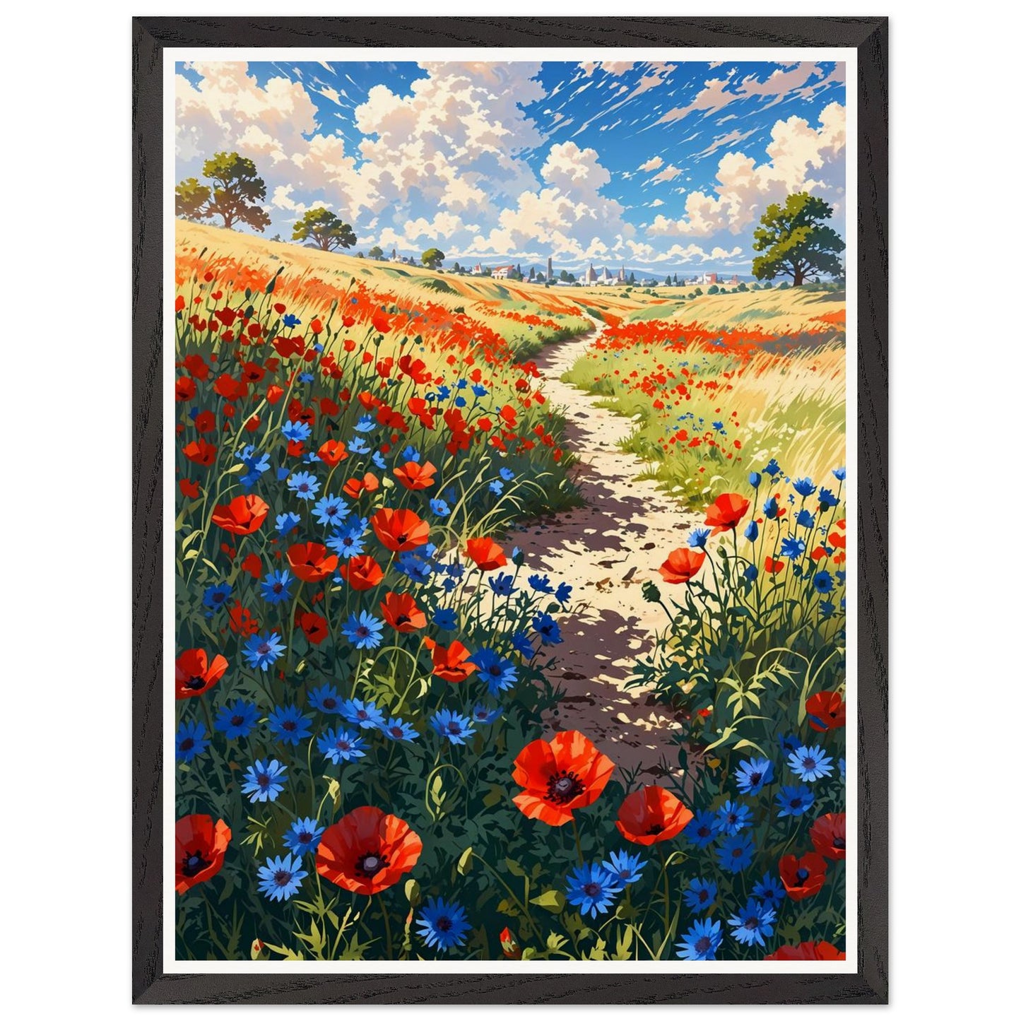 Affiche illustrée Champ de pavots et bleuets Encadrée — poster rétro, impression beaux-arts 250g