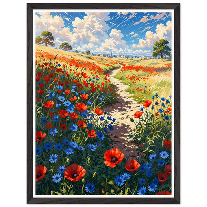 Affiche illustrée Champ de pavots et bleuets Encadrée — poster rétro, impression beaux-arts 250g