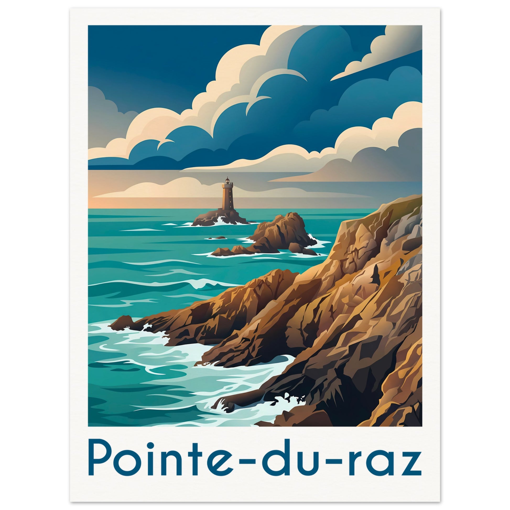 Affiche illustrée Pointe du Raz, poster rétro, impression beaux-arts 250g