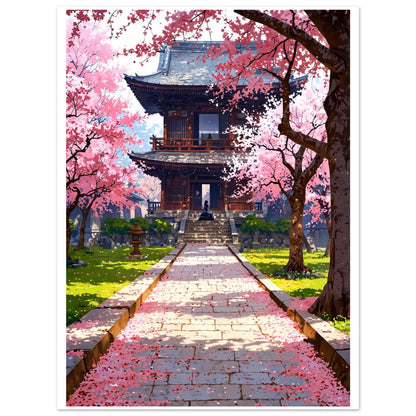 Prairie de fleurs de cerisier tombées, Temple japonais – affiche d'art décoratif, poster mural | Muchimura