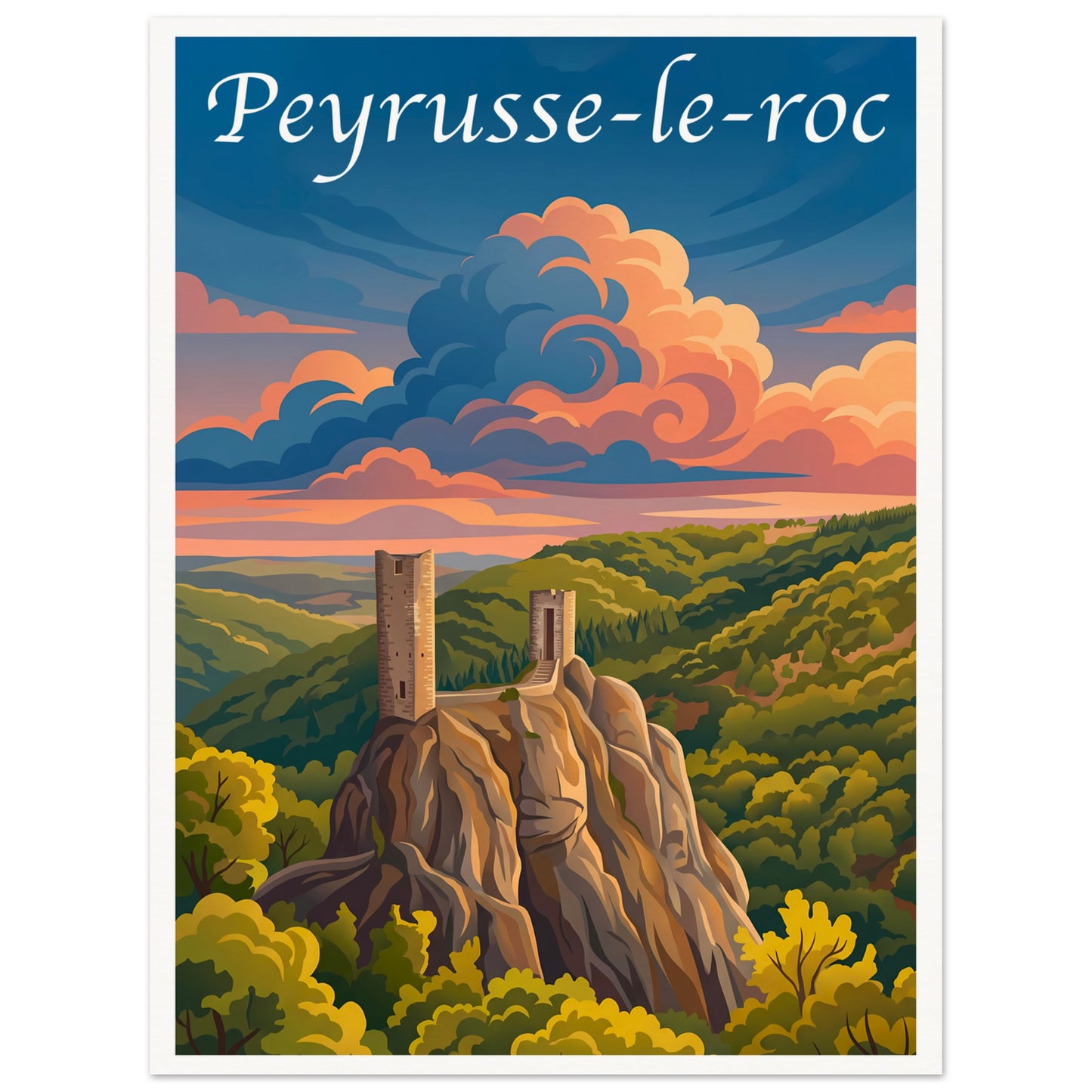 Affiche illustrée Peyrusse-le-Roc — poster rétro, impression beaux-arts 250g