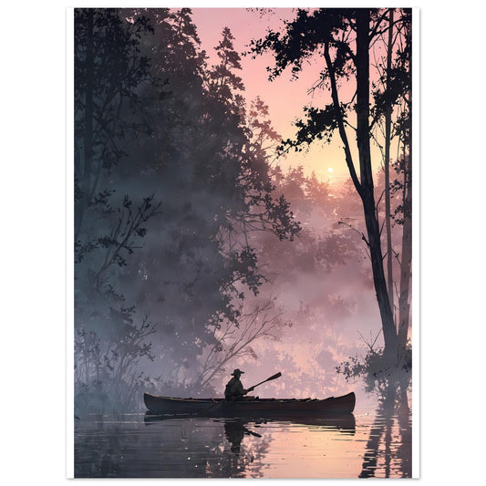 Pêcheur, Brume sur le lac, Aurore brumeuse, Pirogue – affiche d'art décoratif, poster mural | Muchimura