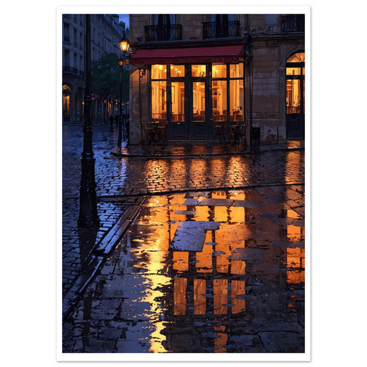Rue parisienne, Pluie, Réverbères et café – affiche d'art décoratif, poster mural | Muchimura