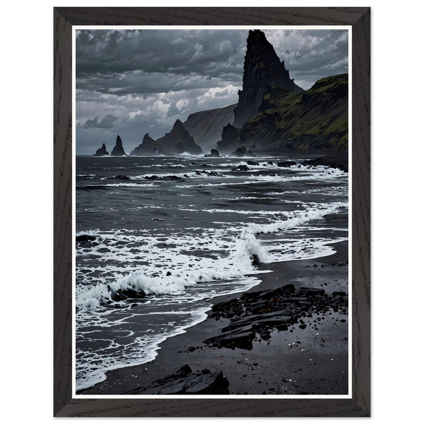 Affiche illustrée Plage de sable noir Encadrée — poster rétro, impression beaux-arts 250g
