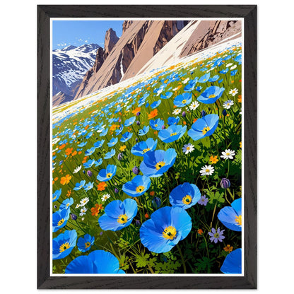 Affiche illustrée Champ de pavots bleus de l'Himalaya Encadrée — poster rétro, impression beaux-arts 250g