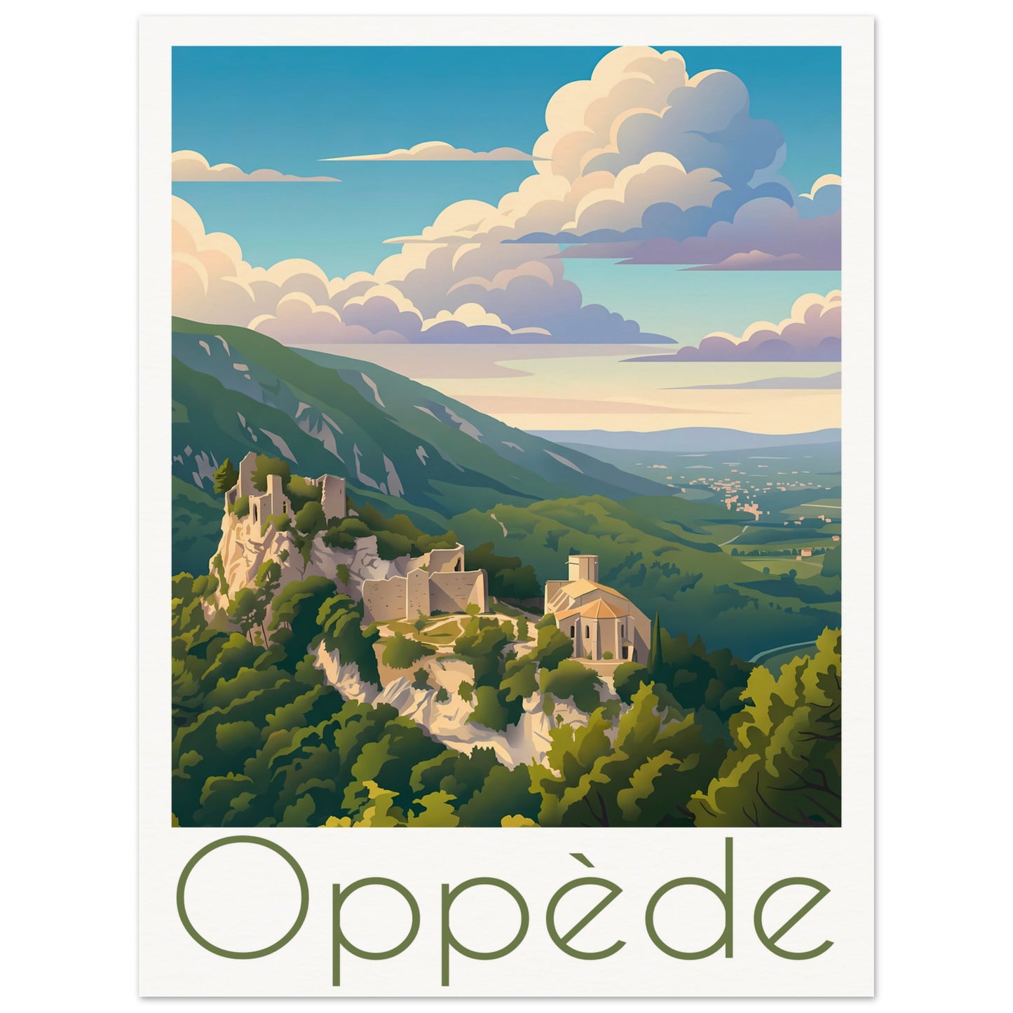 Affiche illustrée Oppède — poster rétro, impression beaux-arts 250g