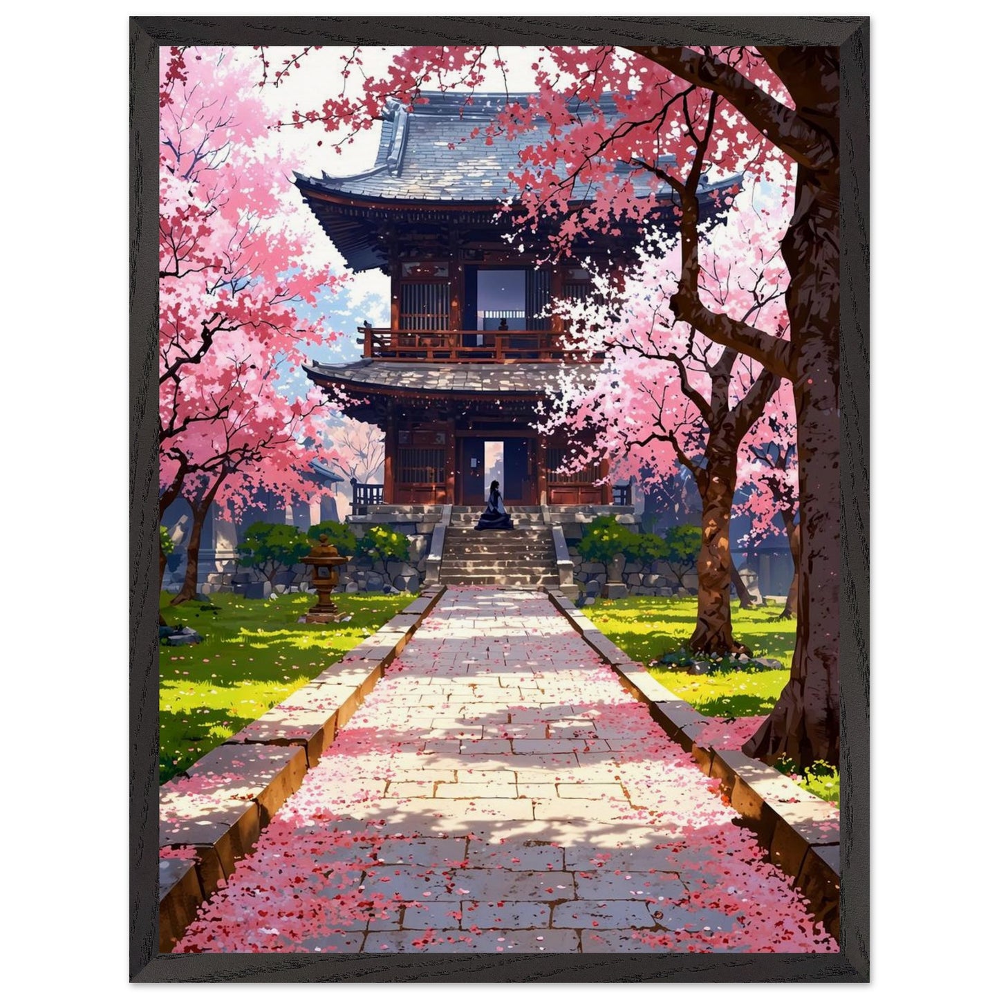 Affiche Prairie de Fleurs de Cerisier Tombées encadrée, cadre bois (vue 3)