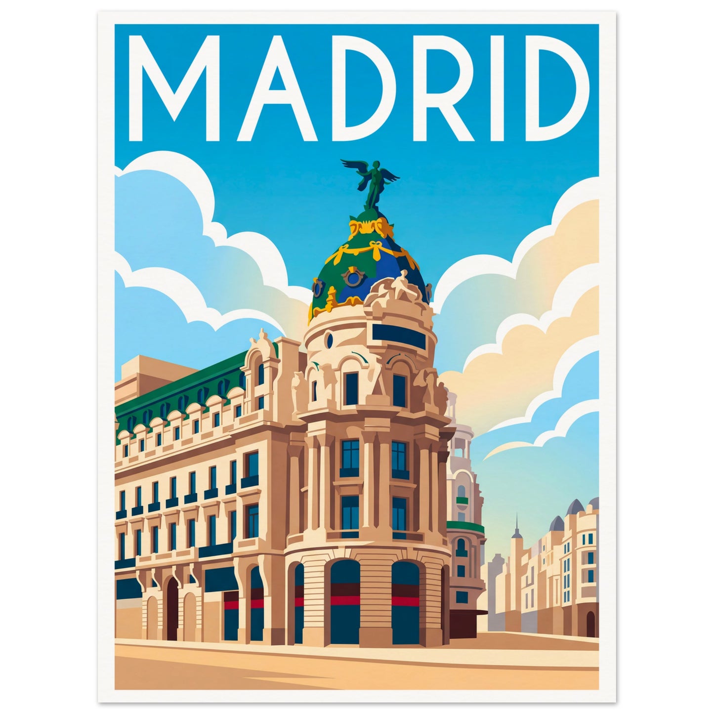 Affiche illustrée Madrid — poster rétro, impression beaux-arts 250g
