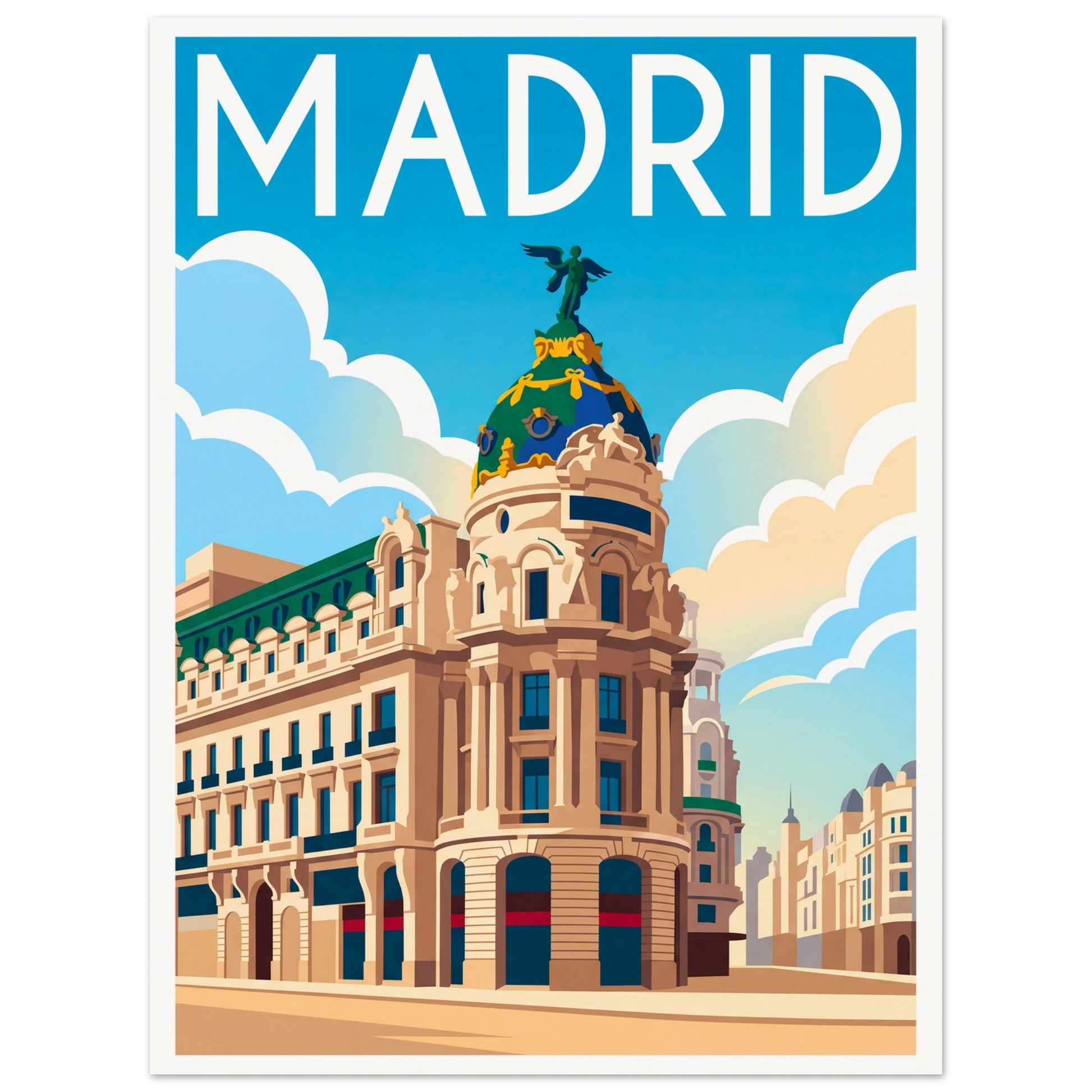 Affiche illustrée Madrid — poster rétro, impression beaux-arts 250g
