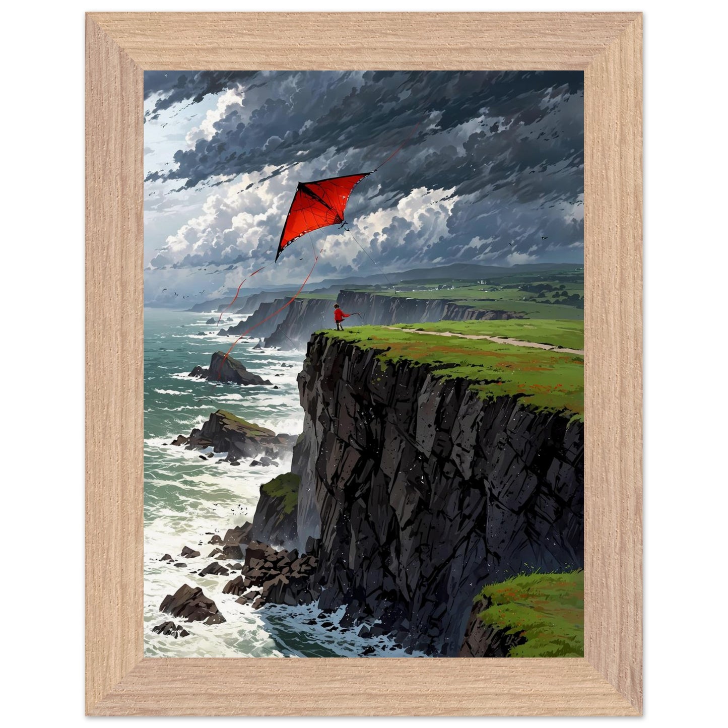 Affiche illustrée Enfant et cerf-volant Encadrée — poster rétro, impression beaux-arts 250g