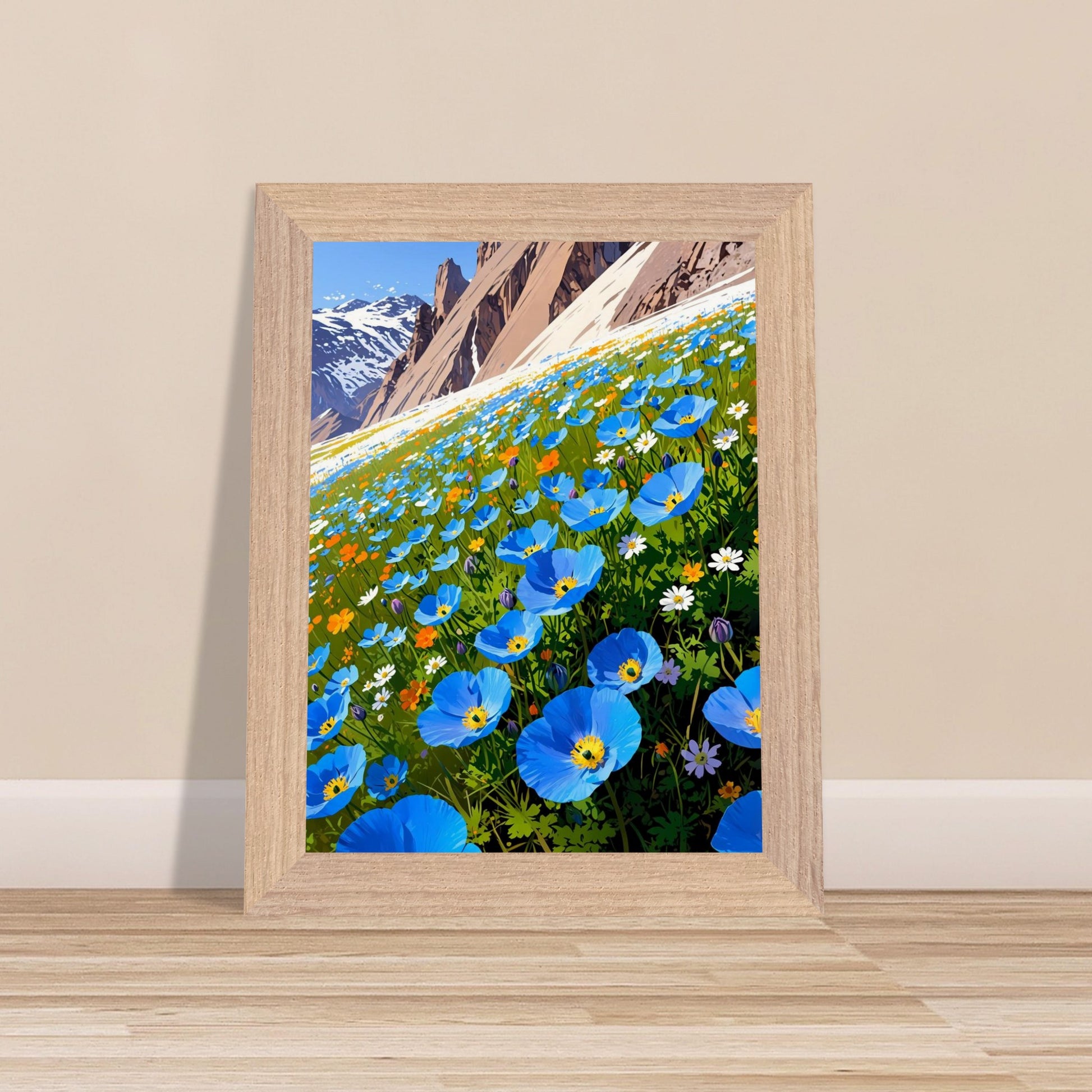Affiche Champ de pavots bleus de l'Himalaya Encadrée encadrée, cadre bois