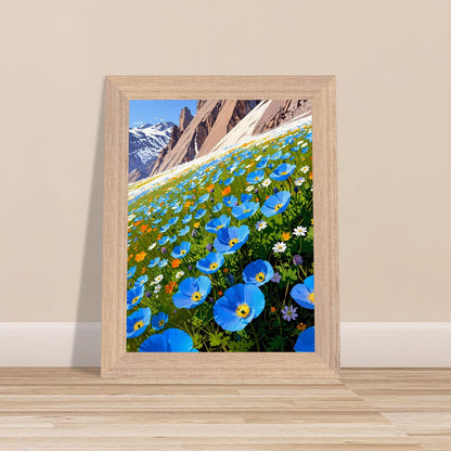 Affiche Champ de pavots bleus de l'Himalaya Encadrée encadrée, cadre bois
