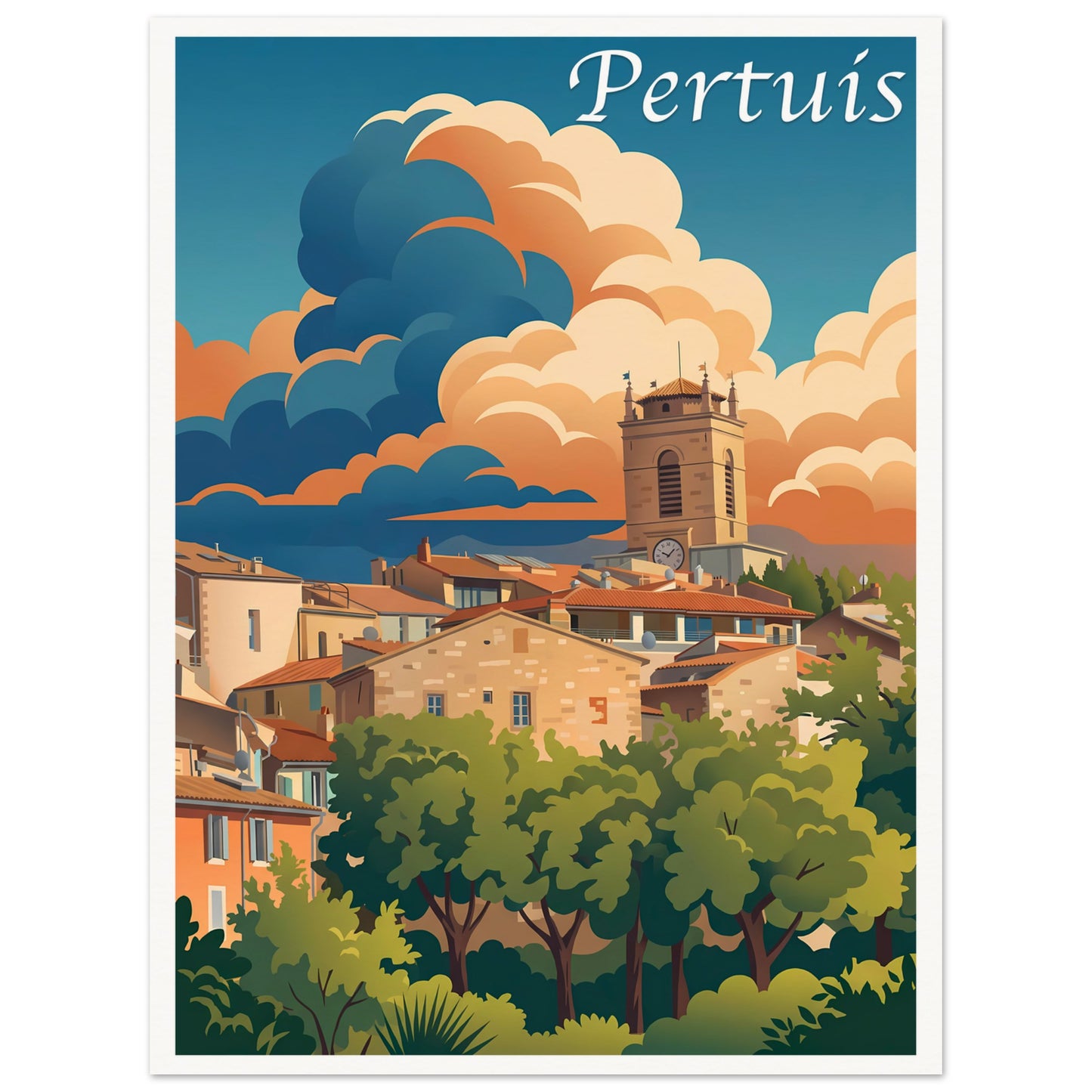 Affiche illustrée Pertuis — poster rétro, impression beaux-arts 250g