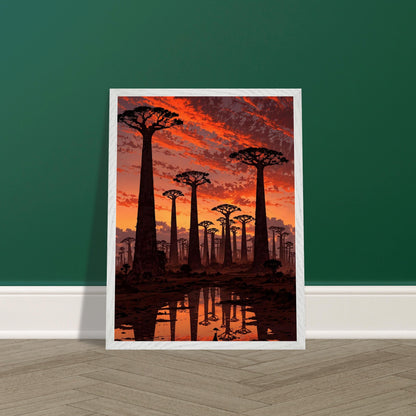 Affiche Baobabs au coucher du soleil encadrée, cadre bois (vue 2)