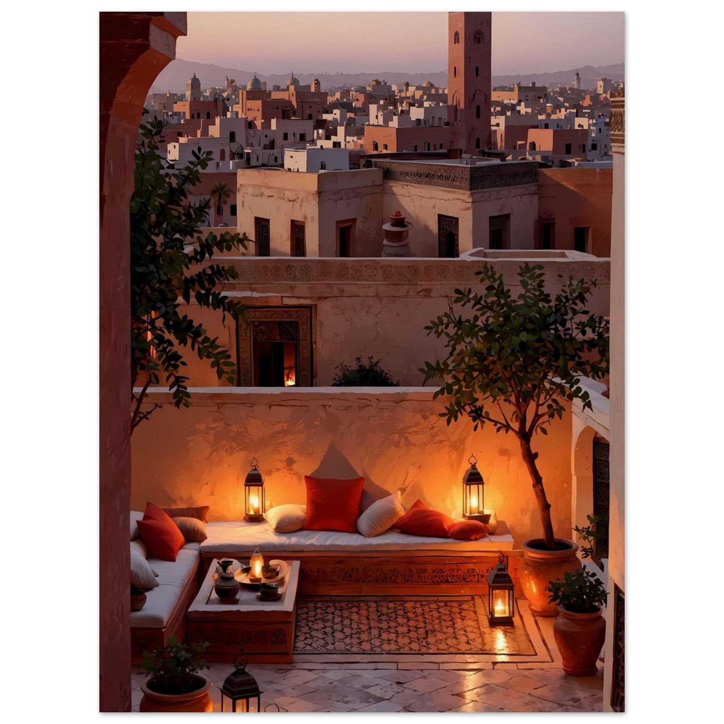 Affiche illustrée Terrasse de riad — poster rétro, impression beaux-arts 250g