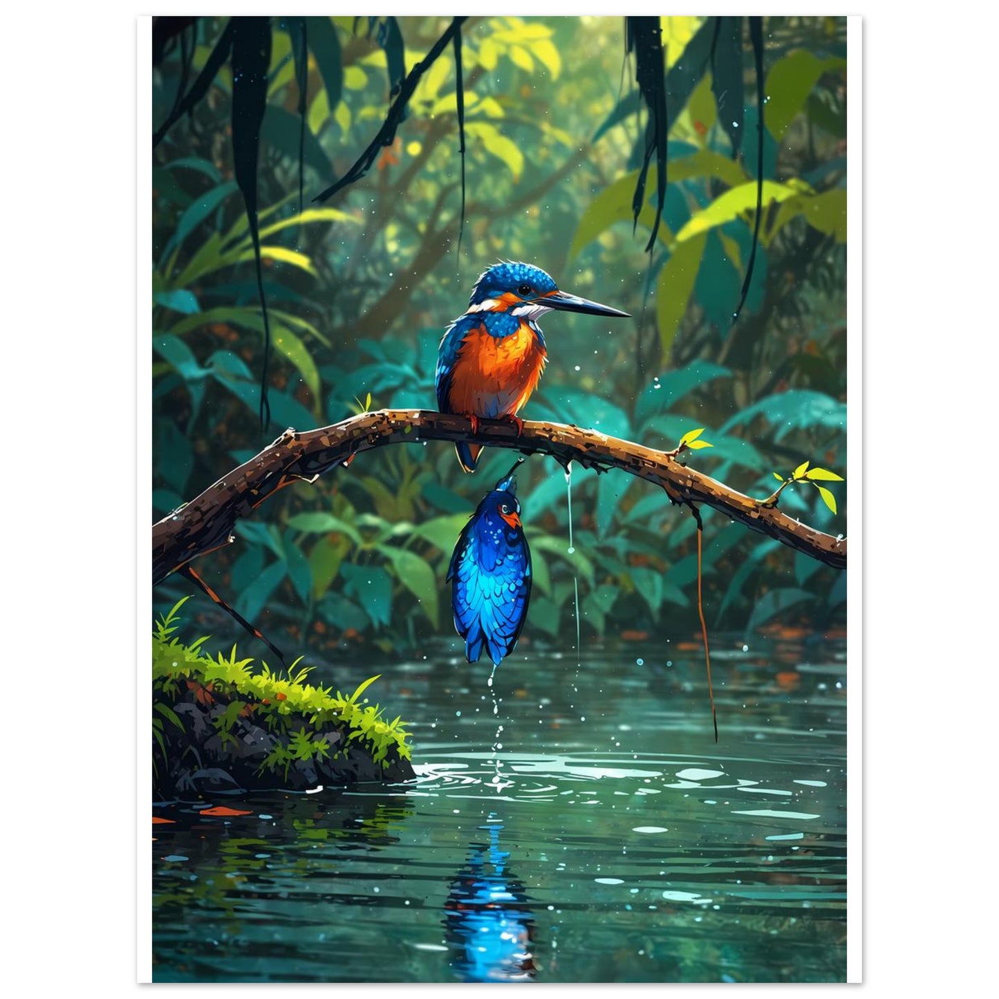 Martin-pêcheur, Branche au-dessus de l'eau, Soleil rasant – affiche d'art décoratif, poster mural | Muchimura