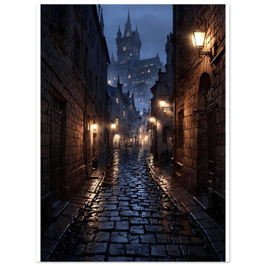 Rue d'Édimbourg, Vieille ville, Brume et pavés nocturnes – affiche d'art décoratif, poster mural | Muchimura