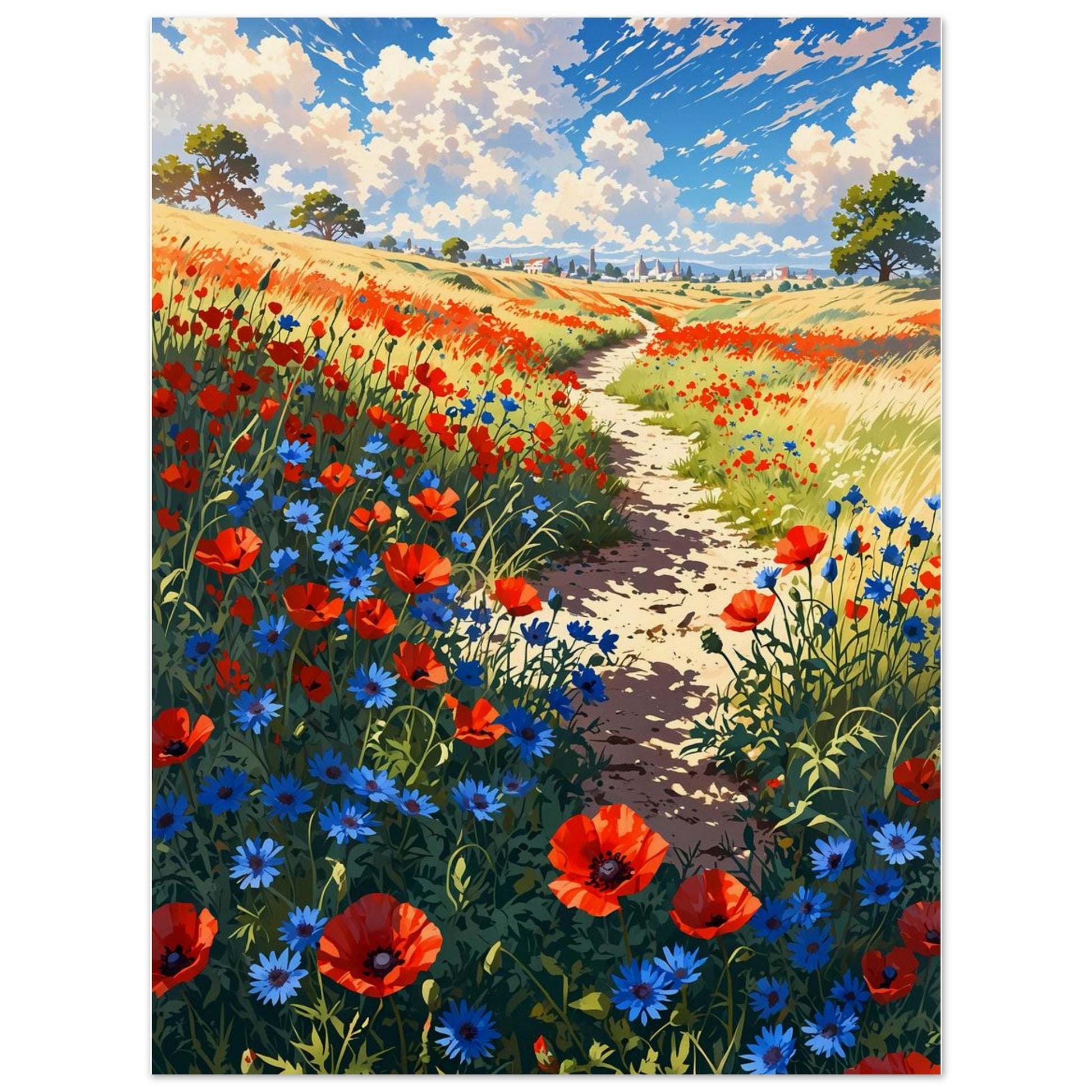 Affiche illustrée Champ de pavots et bleuets, poster rétro, impression beaux-arts 250g