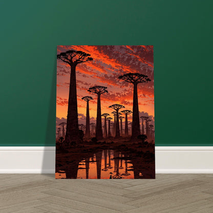 Affiche illustrée Baobabs au coucher du soleil, poster rétro, impression beaux-arts 250g