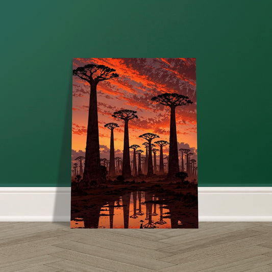 Affiche illustrée Baobabs au coucher du soleil, poster rétro, impression beaux-arts 250g