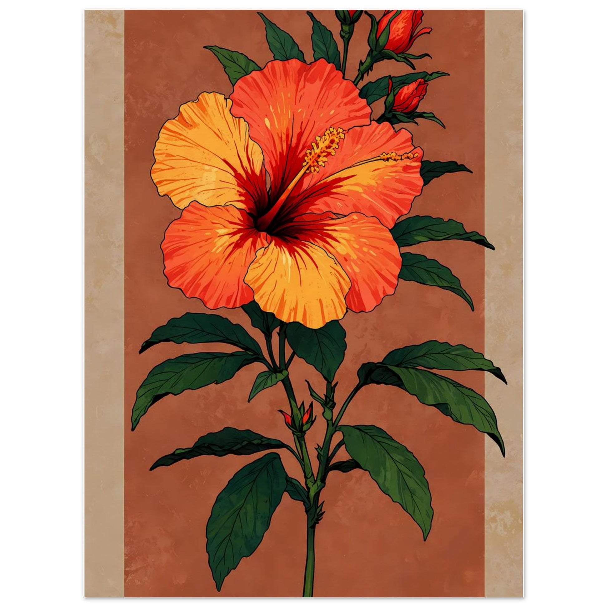 Affiche illustrée Hibiscus rouge tropical, poster rétro, impression beaux-arts 250g