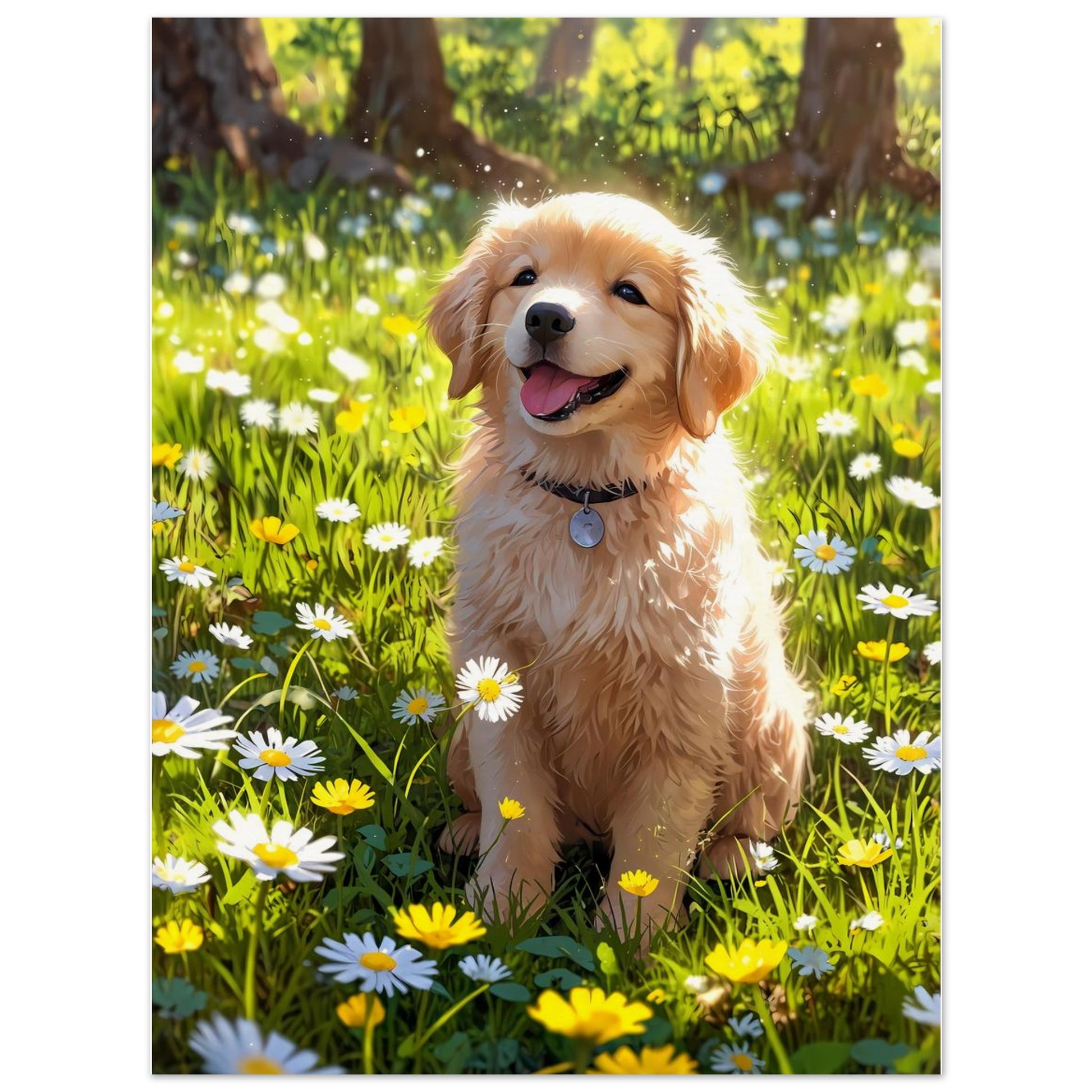Affiche illustrée Golden retriever chiot, poster rétro, impression beaux-arts 250g