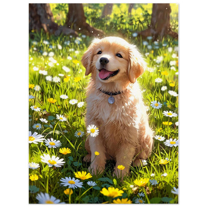 Affiche illustrée Golden retriever chiot — poster rétro, impression beaux-arts 250g
