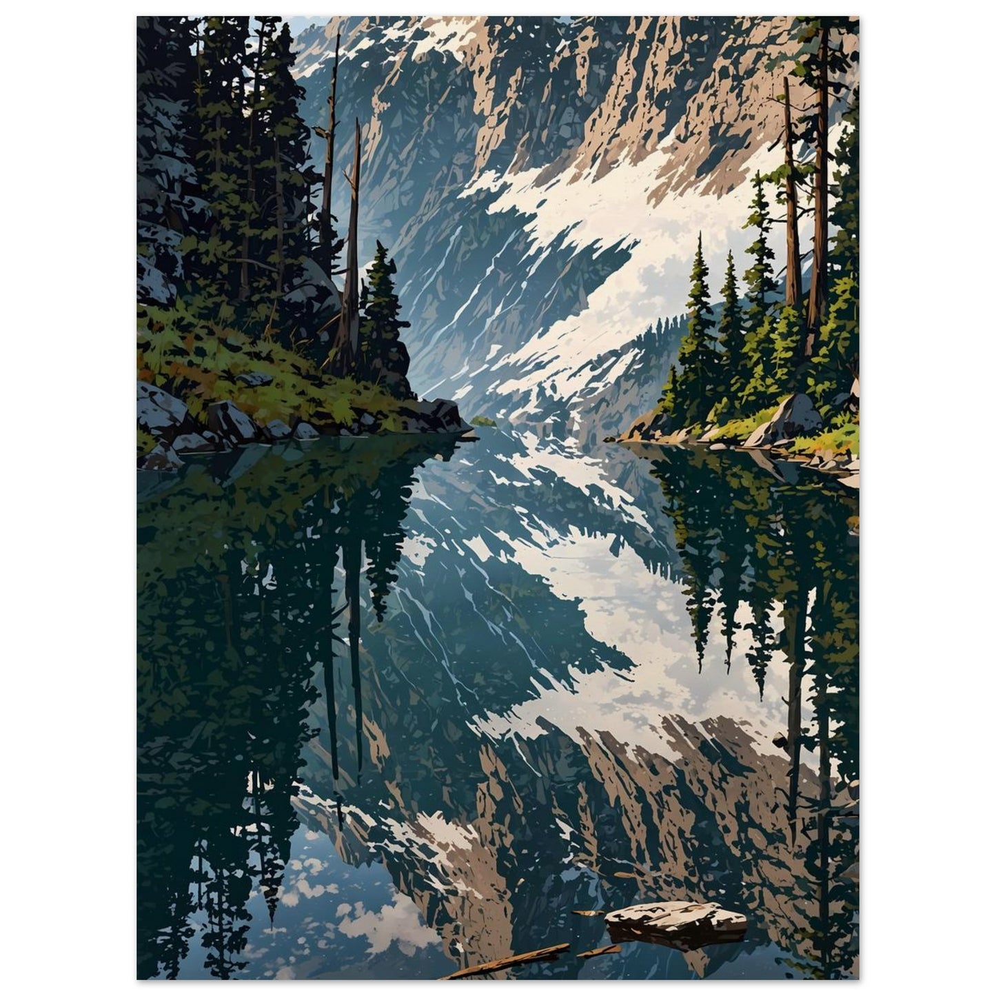 Affiche illustrée Forêt de pins et lac de montagne — poster rétro, impression beaux-arts 250g