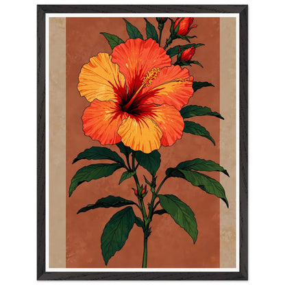 Affiche illustrée Hibiscus rouge tropical Encadrée — poster rétro, impression beaux-arts 250g