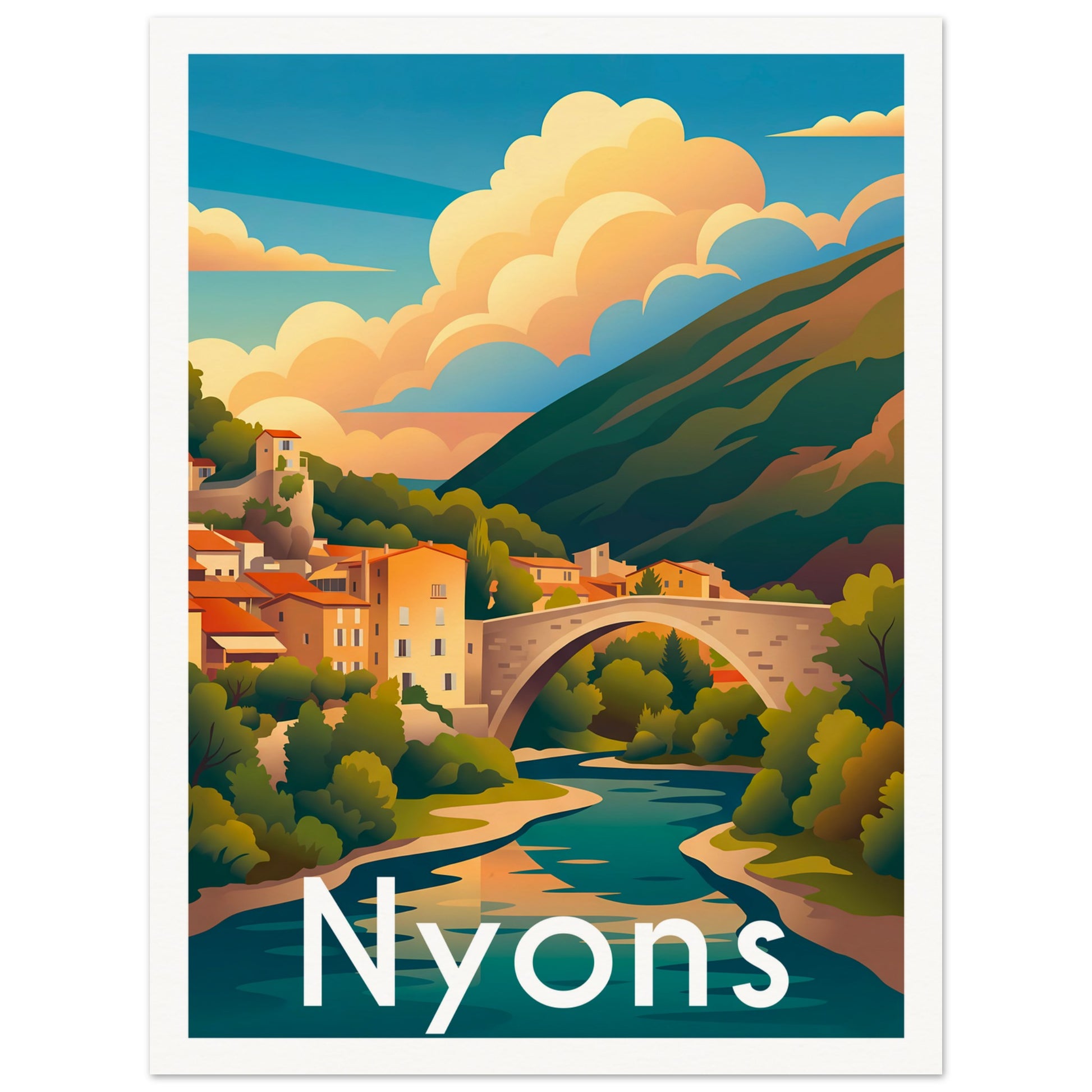 Affiche illustrée Nyons, poster rétro, impression beaux-arts 250g