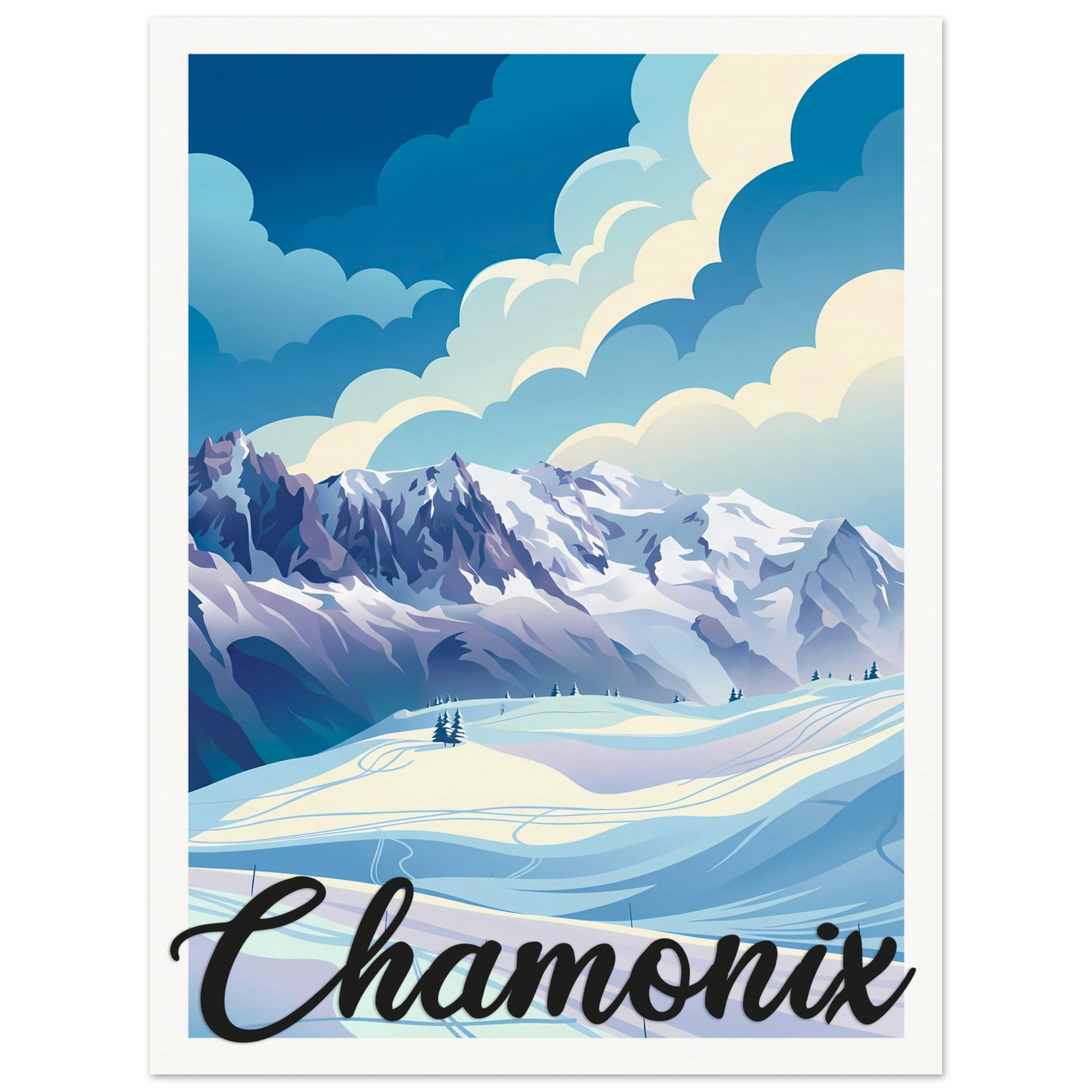 Affiche illustrée Chamonix, poster rétro, impression beaux-arts 250g