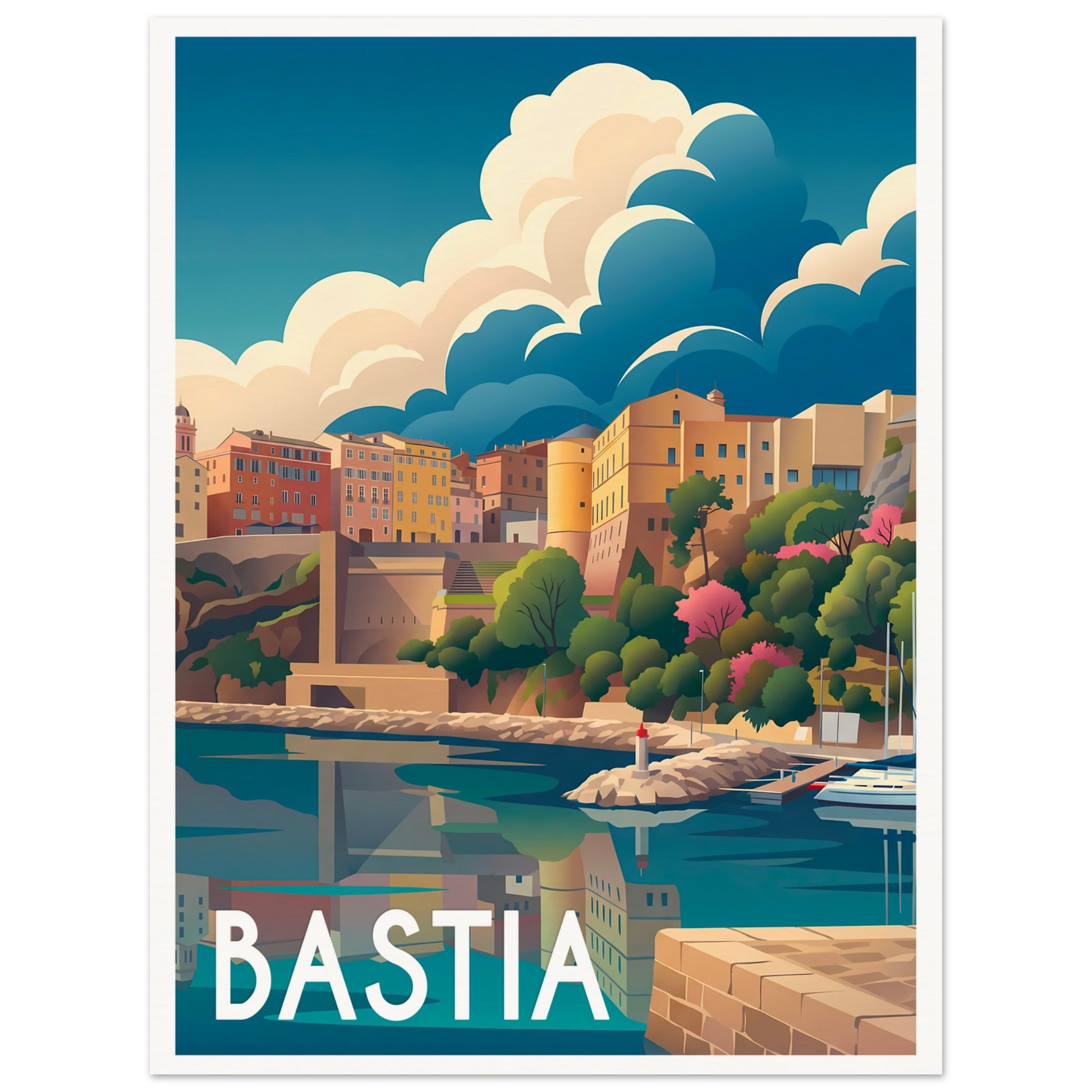 Affiche illustrée Bastia — poster rétro, impression beaux-arts 250g
