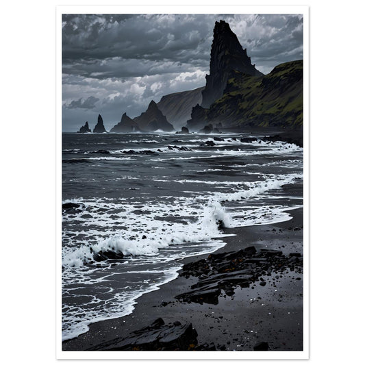 Plage de sable noir, Islande volcanique, Vagues atlantiques – affiche d'art décoratif, poster mural | Muchimura