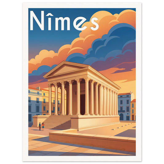 Affiche illustrée Nîmes, poster rétro, impression beaux-arts 250g