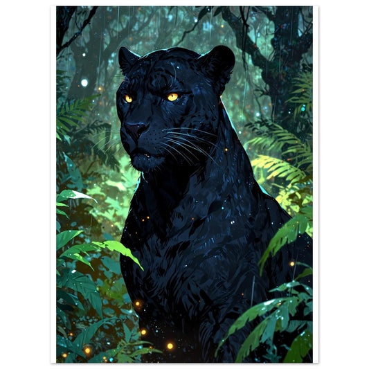 Panthère noire, Jungle tropicale, Pluie en mouvement – affiche d'art décoratif, poster mural | Muchimura