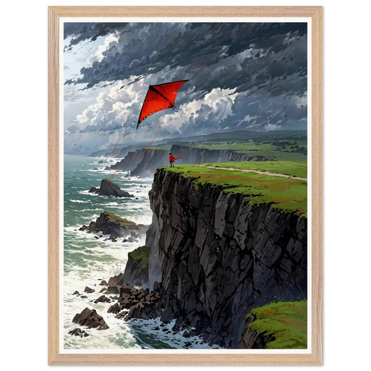 Affiche illustrée Enfant et cerf-volant Encadrée — poster rétro, impression beaux-arts 250g