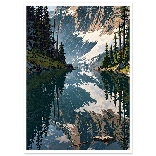 Forêt de pins et lac de montagne, Reflet parfait – affiche d'art décoratif, poster mural | Muchimura