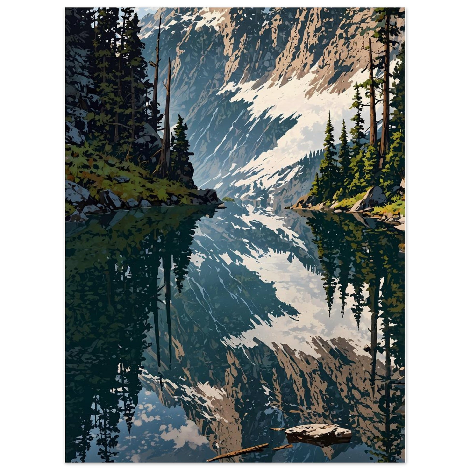Affiche illustrée Forêt de pins et lac de montagne, poster rétro, impression beaux-arts 250g