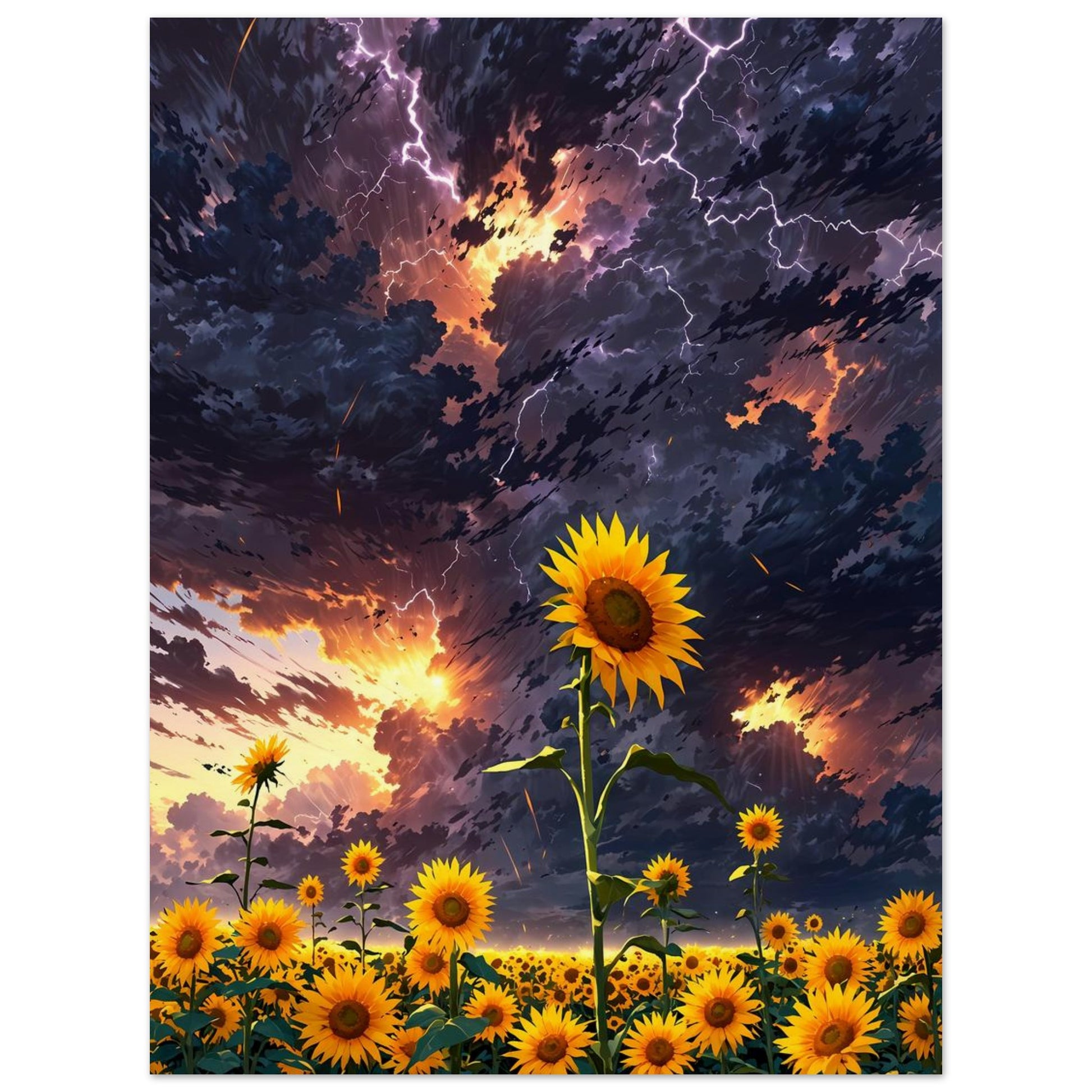 Affiche illustrée Champ de tournesols géants — poster rétro, impression beaux-arts 250g
