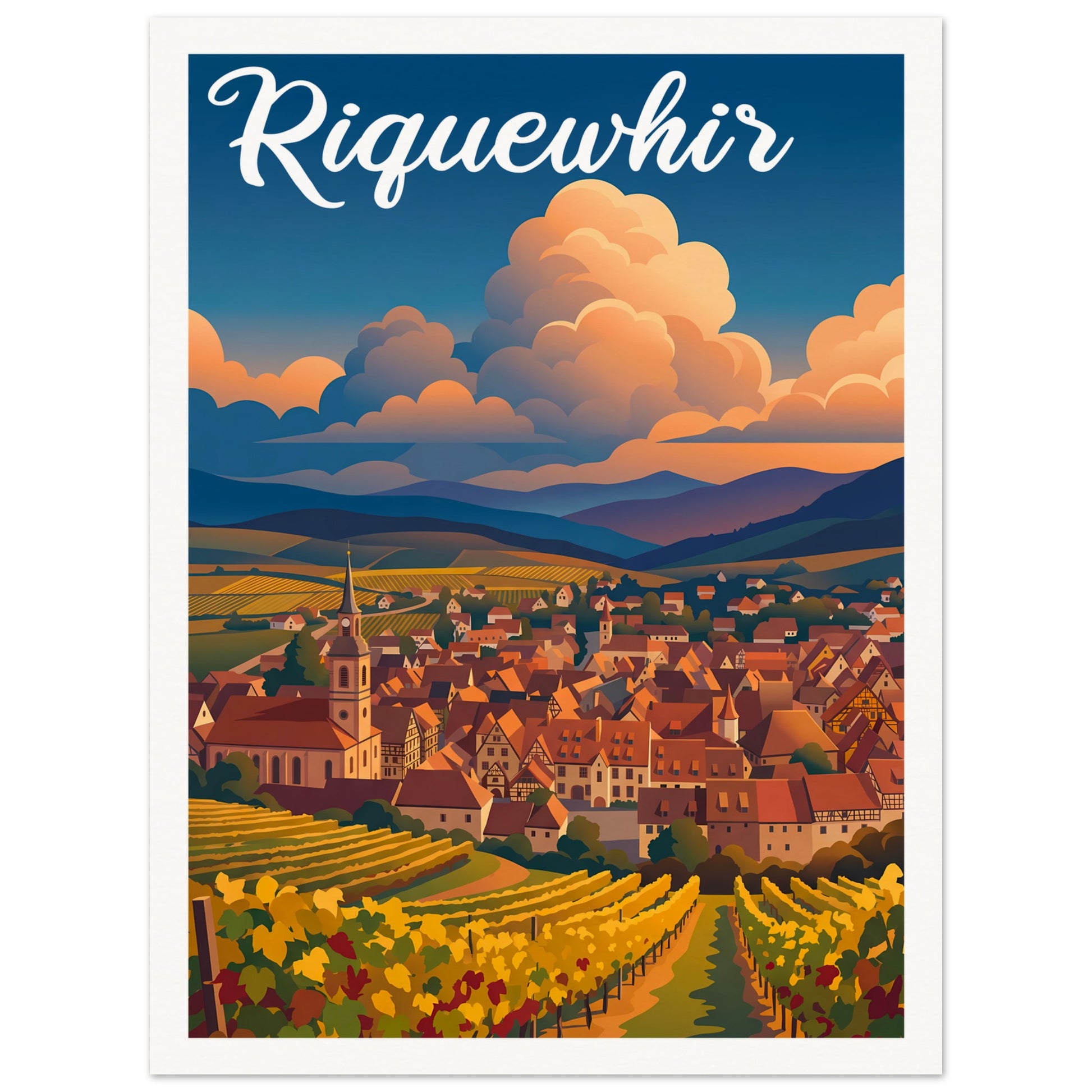 Affiche illustrée Riquewihr, poster rétro, impression beaux-arts 250g