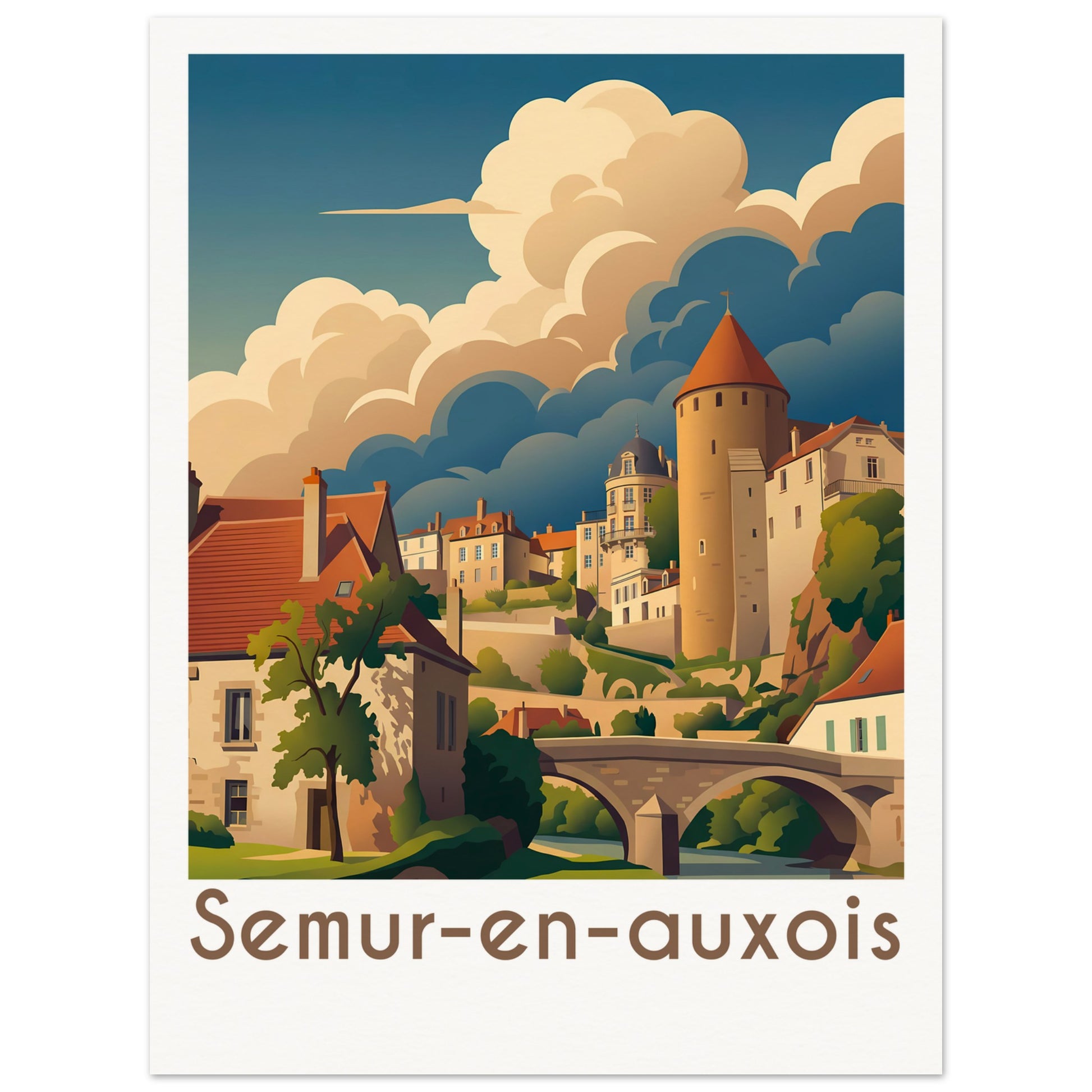 Affiche illustrée Semur-en-Auxois, poster rétro, impression beaux-arts 250g