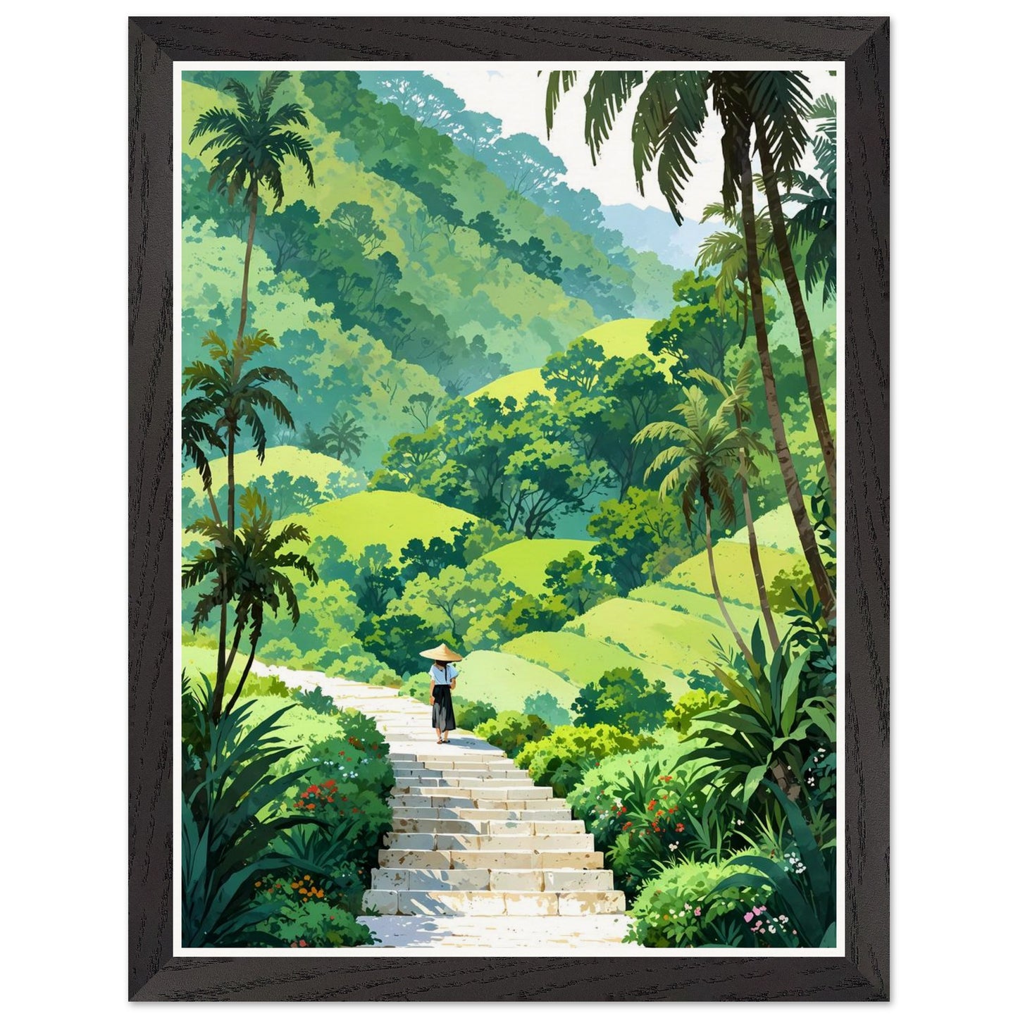 Affiche illustrée Rizière en terrasses Encadrée — poster rétro, impression beaux-arts 250g