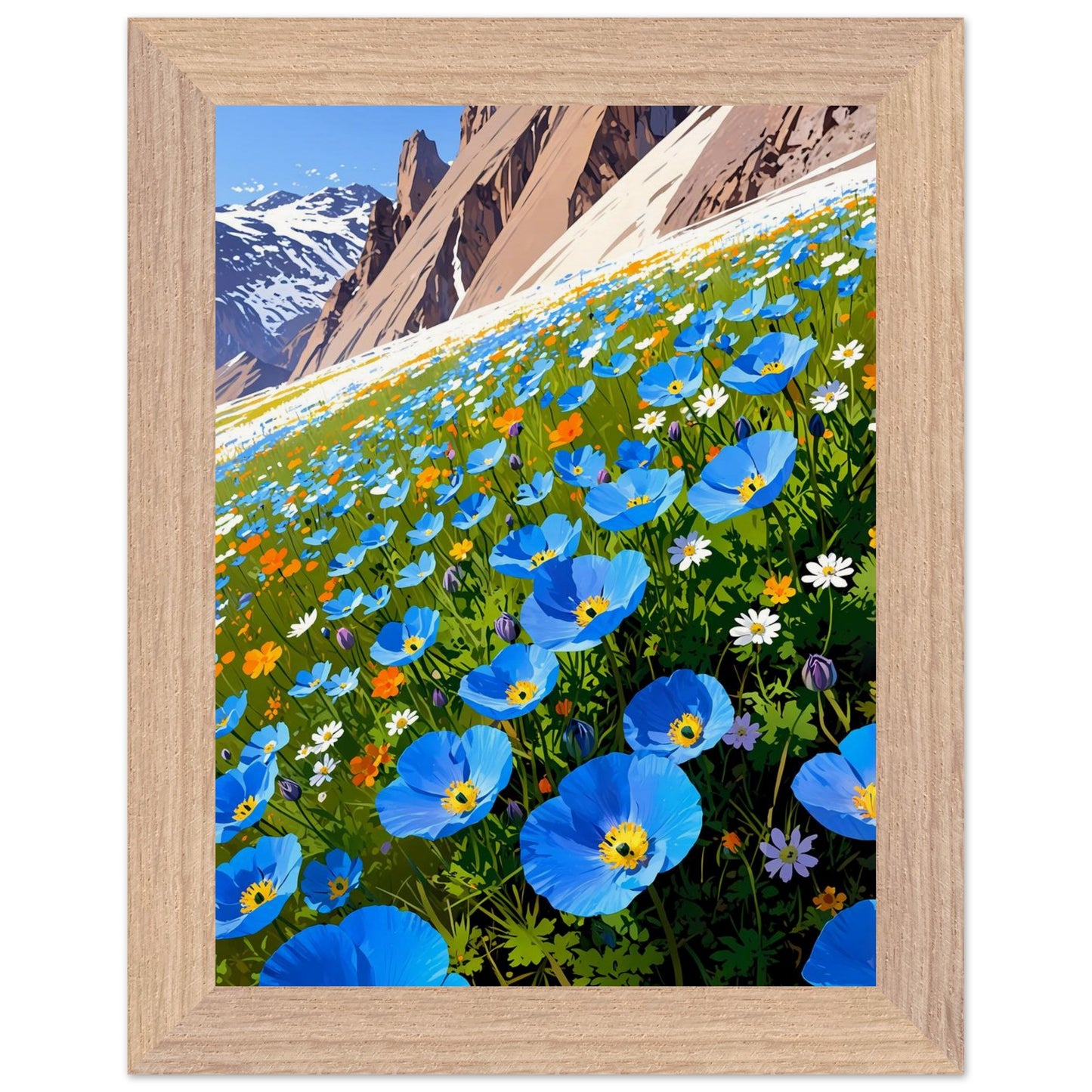 Affiche illustrée Champ de pavots bleus de l'Himalaya Encadrée — poster rétro, impression beaux-arts 250g