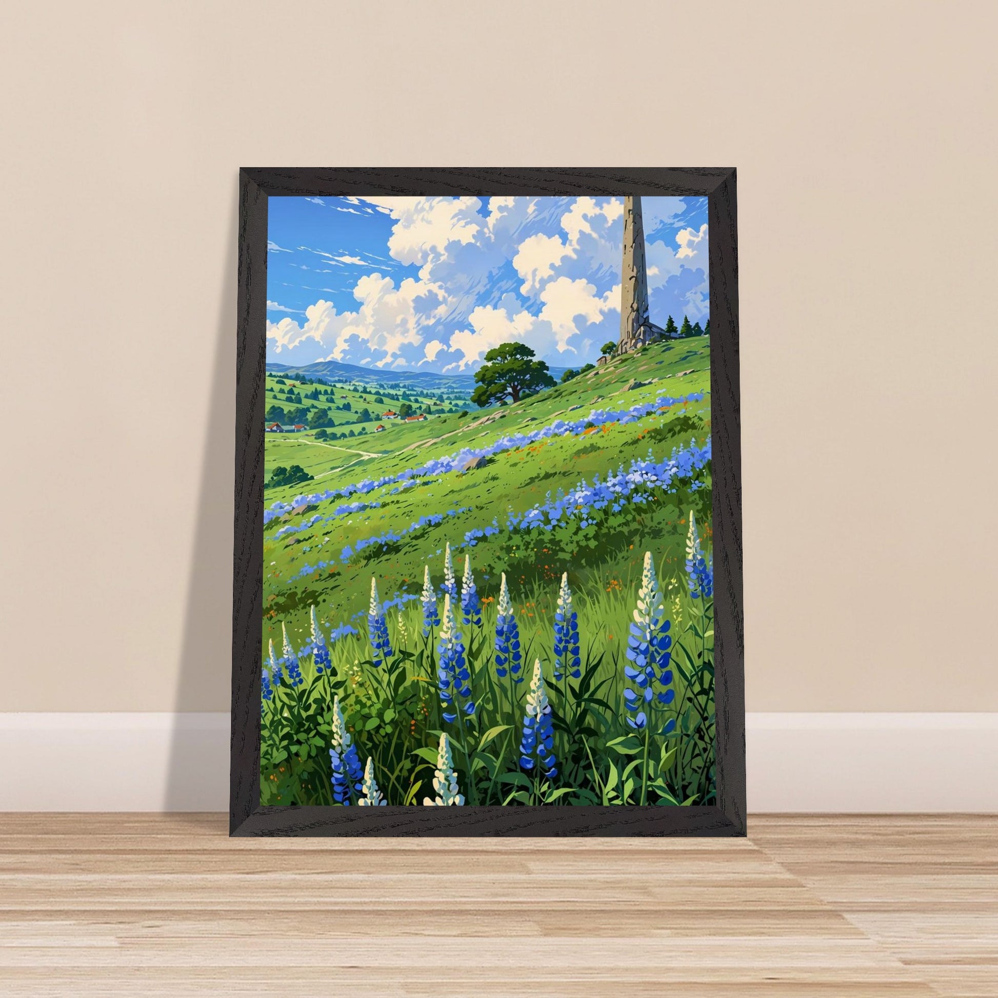 Affiche Champ de Lupin Bleu et Violet encadrée, cadre bois (vue 3)