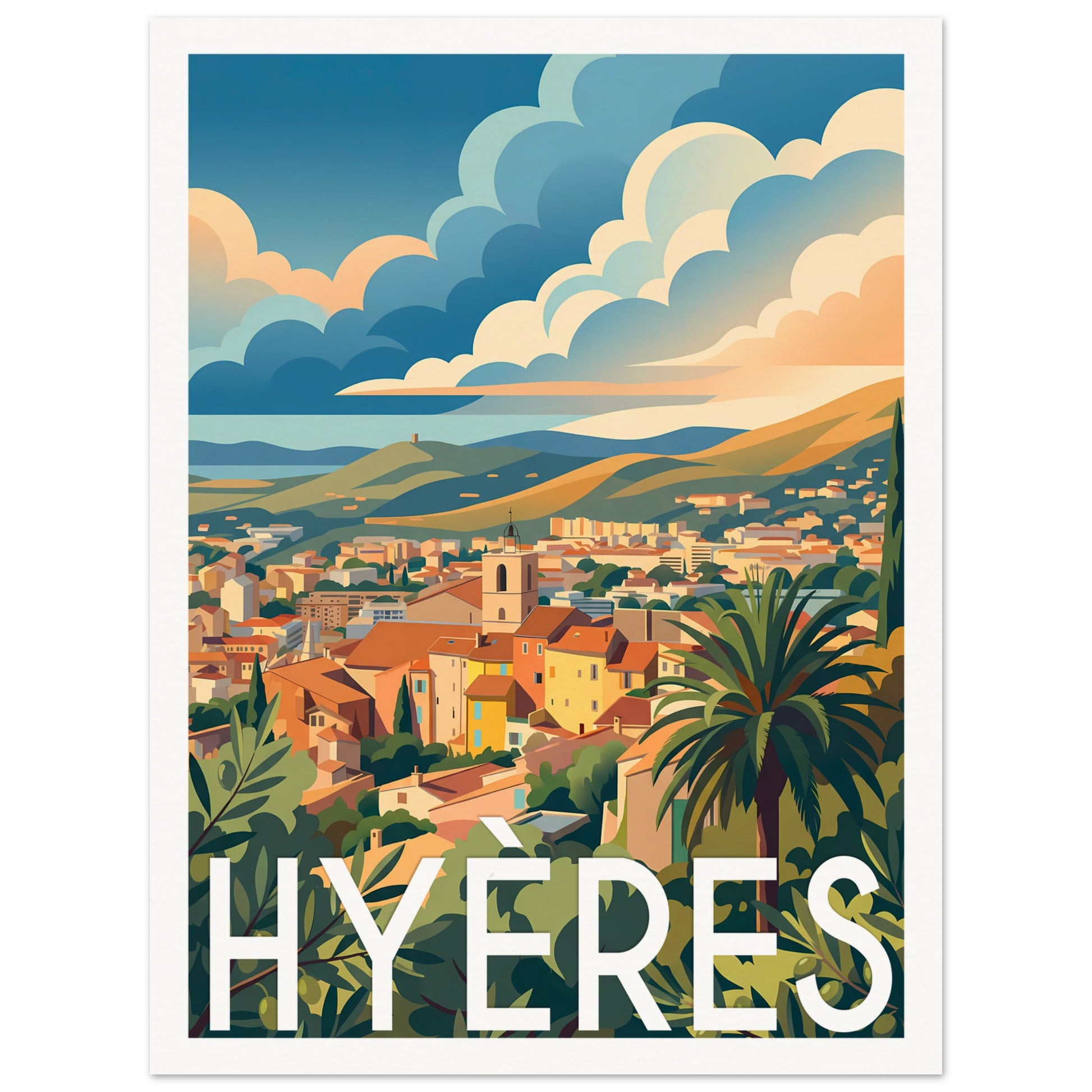 Affiche illustrée hyères, poster rétro, impression beaux-arts 250g